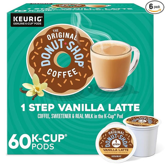 The Original Donut Shop Vanilla One-Step Latte, Single Serve Coffee K-Cup Pod, Flavored Coffee, 60 Count (6 Packs of 10)