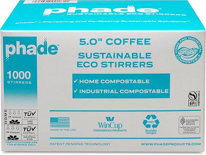 phade Eco-Friendly Cocktail and Coffee Straws/Stirrers 1,000 Count - Sustainable Marine Biodegradable Compostable Stirrer, 1 Pack