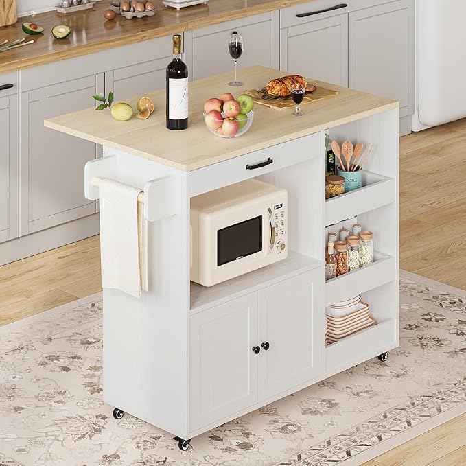 LIKIMIO Kitchen Island with Drop Leaf, Rolling Kitchen Island Cart on Wheels with Storage, Microwave Cart with Pull Out Open Shelves and Drawer, Mobile Kitchen Storage Islands, White