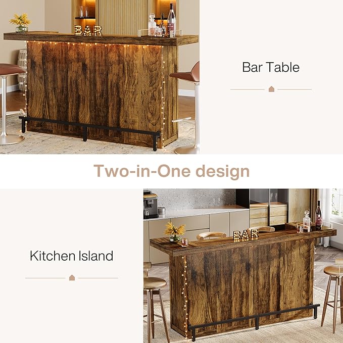 Tribesigns 4-Tier Bar Table, 70.9-Inch Large Wood Home Bar Unit with Wine Glass Holder and Black Footrest, Pub Table with Storage Shelves for Kitchen, Indoor, Brown