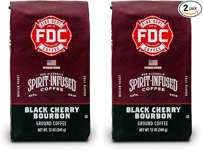 Fire Department Coffee Black Cherry Bourbon Infused Medium Roast Ground Coffee - 12 oz (2 Pack) - Non-Alcoholic - Gives Back to Firefighters - Roasted in the USA - Veteran Owned