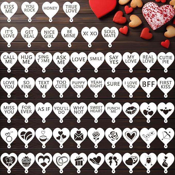 Honeydak 60 Pcs Valentines Stencils Crafts Letters Heart Reusable for Painting on Wood Coffee Cake Stencils for Holiday Ornament DIY