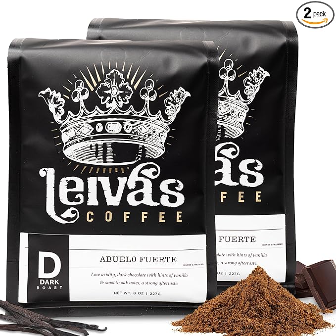 Leiva’s Dark Roast Ground Coffee (8 Oz) – Small Batch Roasted Guatemalan Beans – Abuelo Fuerte Coffee Grounds w/Chocolate & Caramel Notes – Dark Roast for Drip & French Press Brews (2 Pack)