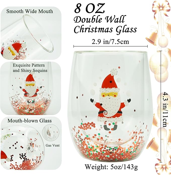 Christmas Mugs, 8 oz Double Wall Insulated Glass Coffee Mugs Set of 4, Cute Funny Mugs Coffee Cups for Cappuccino, Latte, Americano, Tea, Wine and Beverage