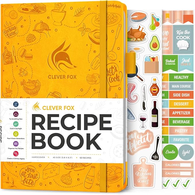 Clever Fox Recipe Book - Make Your Own Family Cookbook & Blank Recipe Notebook Organizer, Empty Cooking Journal to write in recipes, A5, stores 60 recipes, Amber Yellow