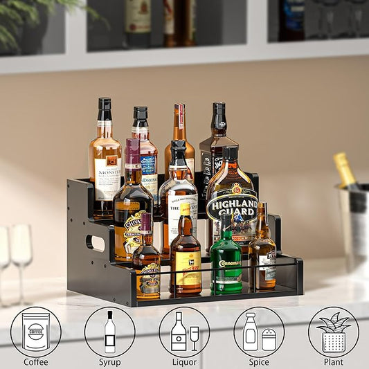 Yelinkws Liquor Bottle Display Shelf,Wood Syrup Organizer Rack,3 Step Countertop Organizer Wine Rack,Rustic Coffee Station Accessories for Syrup (Black)