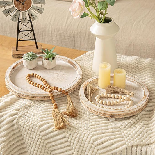 2 Piece Whitewashed Wooden Serving Tray Set with Beaded Design, Farmhouse Centerpiece Table Decorations, Round Coffee Table Tray for Living Room Home Decor, Ottoman Tray Decor for Rustic Styles