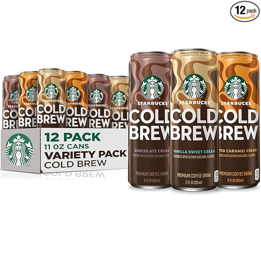 Starbucks Cold Brew Coffee, 3 Flavor Variety Pack, 11 fl oz Cans (12 Pack), Premium Coffee Drink, Iced Coffee