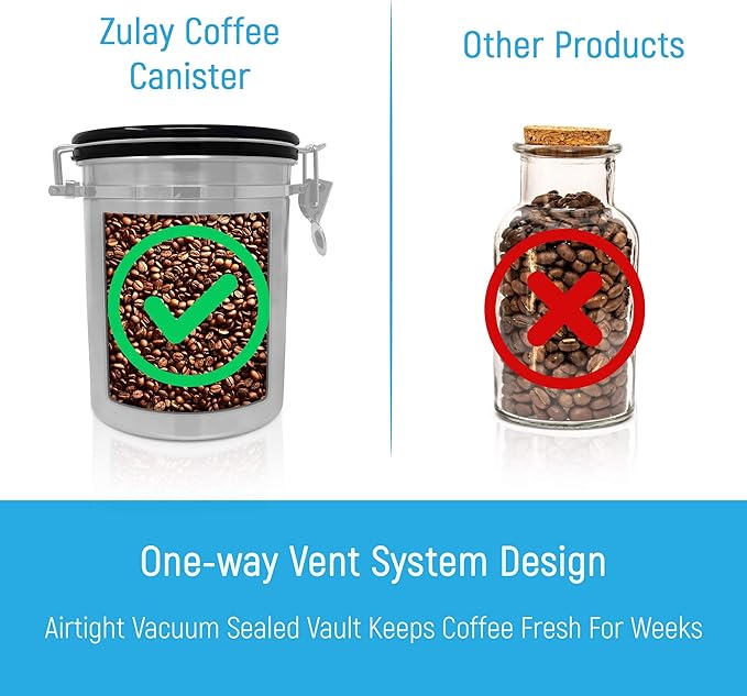 Zulay (Large) Airtight Coffee Canister - Stainless Steel Coffee Storage Canister with Scoop - Features Include a Date Tracker, Built-In One-Way CO2 Valve & 2 Spare Filter Replacements