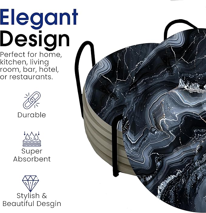 Black Agate Marble Round Coasters Set of 6 - Abosrbent Ceramic Coasters with Metal Stand for Drinks, Coffee, Non-Slip Cork Back for Tabletop Protection, 4 Inches Marbled Pattern (Agate)