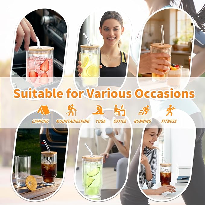 16oz Glass Cups with Lids & Straws - Reusable Iced Coffee Tumblers, Trendy Ribbed Design & Stackable for Iced Coffee/Cold Brew, Perfect for Home/Office by Coffee Lovers & Commuters (16OZ-2PACK)