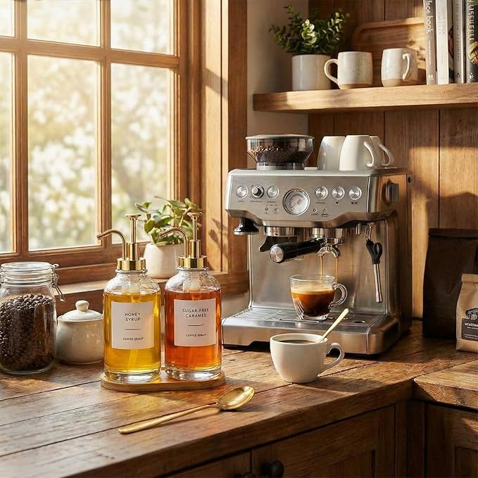 Remerry 2 Pcs Coffee Syrup Dispenser 16.9oz 500ml Glass Syrup Dispenser with 4 Spoons, 36 Labels and Bamboo Tray, Glass Bottles with Pump for Coffee Accessories(Golden)