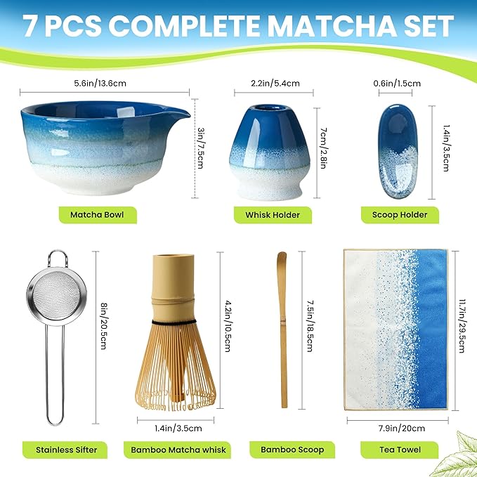 Matcha Whisk Set, Ceramic Matcha Kit Desert Style, Matcha Whisk and Bowl, Bamboo Scoop and Rest, Sifter and Tea Towel, 7 Pcs Gifts for Matcha Lover (Blue)