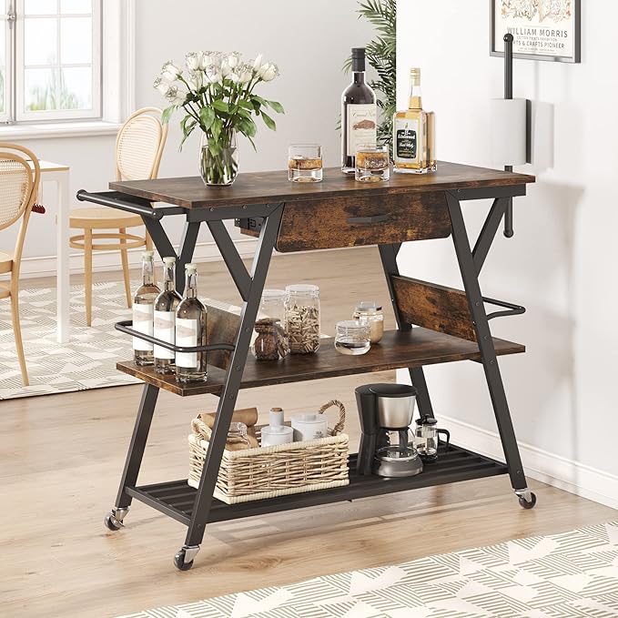 Bestier Coffee Cart Station, 48" W Coffee Bar Cart with Storage Drawer, Mobile Kitchen Island on Lockable Wheels, Coffee Bar Table with Paper & Towel Holder for Dinning Room Living Room, Rustic Brown