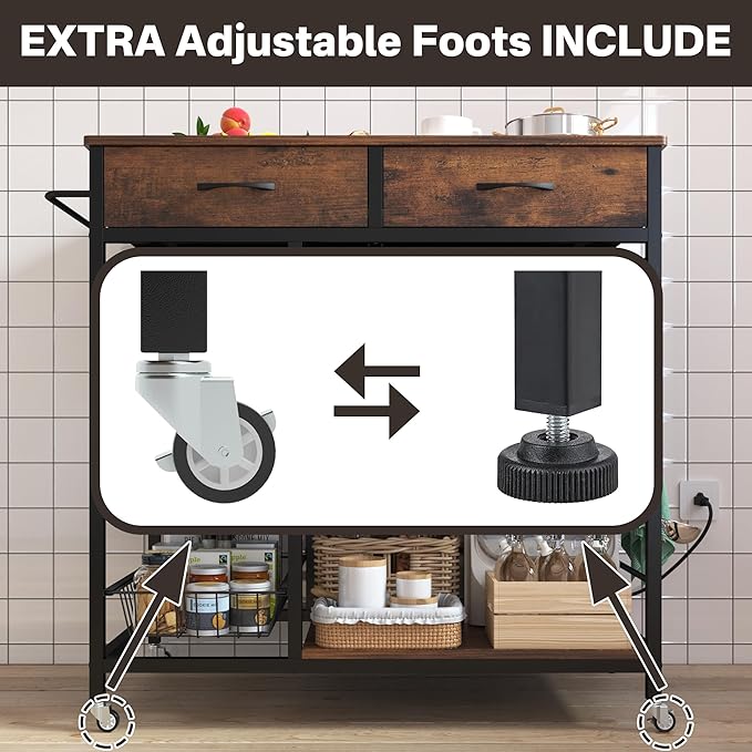 Kitchen Island with Storage,Industrial Kitchen Island on Wheels,Rolling Kitchen Island Cart with Power Outlet,Modern Island Table for Kitchen with Drawers,Shelves and Baskets,Rustic Brown