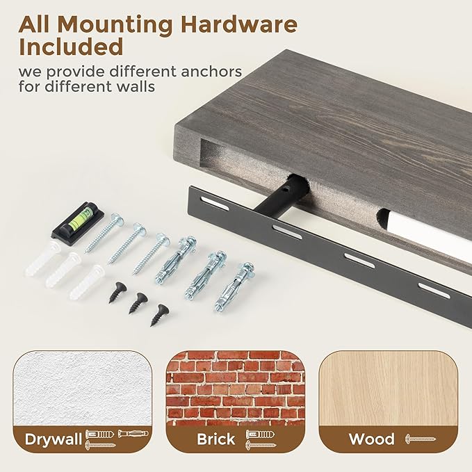 Marsmiles Floating Shelves for Wall - Small Grey Wood Floating Shelves Set of 2-16 Inch Wide x 7.7 Inch Deep x 1.6 Inch Thick Rustic Grey Wooden Shelves for Room Wall