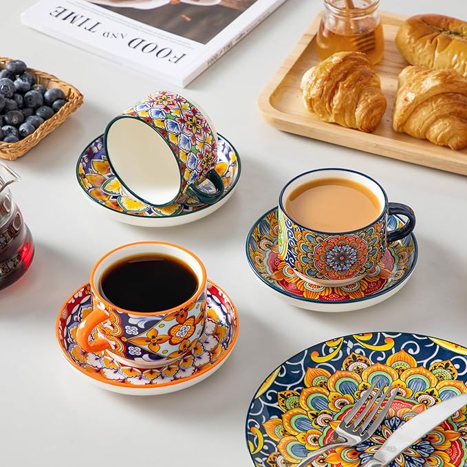 vancasso 8 Oz Stackable Espresso Cups with Saucers and Metal Stand Set of 4,Bohemian Ceramic Cappuccino Cups - Microwave and Dishwasher Safe, Perfect For Tea, Espresso, Latte, Cafe-03