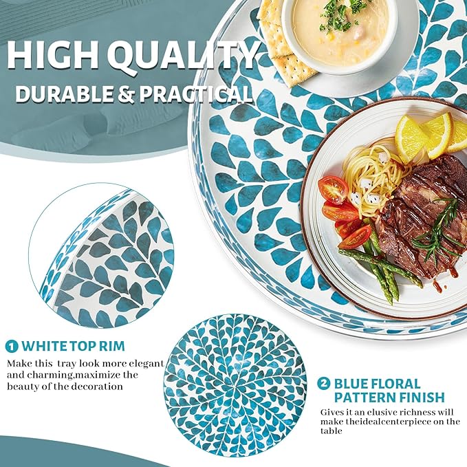 MAONAME Blue Decorative Tray, 13" Round Serving Tray with Handles, Leaf Pattern Sticker Trays for Coffee Table, Plastic Trays for Living Room, Bedroom