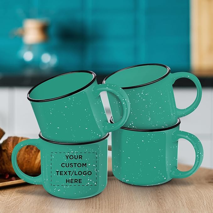 DISCOUNT PROMOS Custom Ceramic Campfire Coffee Mugs 13 oz. Set of 10, Personalized Bulk Pack - Perfect for Tea, Espresso, Cappuccino, Hot Cocoa - Mint