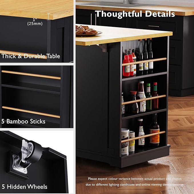 Rolling Kitchen Island with 2 Bar Stools, Drop Leaf & Power Outlet, Large Kitchen Islands Cart on Wheels, Movable Kitchen Island with 5 Open Shelves & Towel Rack for Kitchen, Dining Room, 48″, Black