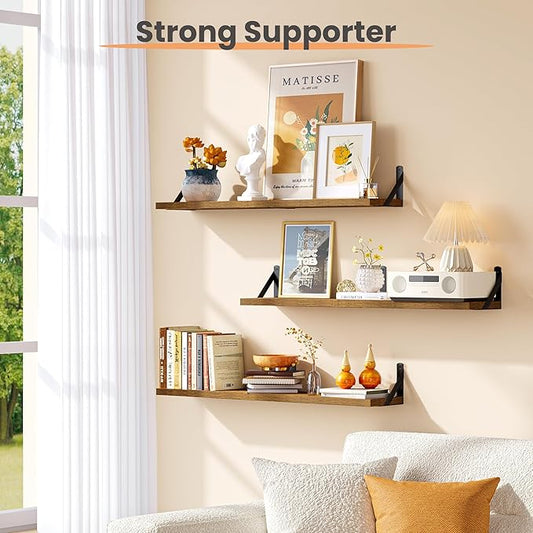 upsimples Floating Book Shelves for Wall, 35.4 Inches Long Floating Wood Shelves for Living Room, Library, Bedroom, Office Organizer and Storage, Brown