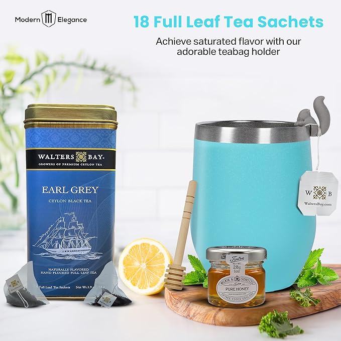 Tea Gift Set for Women – Get Well Basket with Cozy Socks, 18 Full Leaf Sachets, Honey, Tumbler & Sending Hugs Card (Earl Grey)