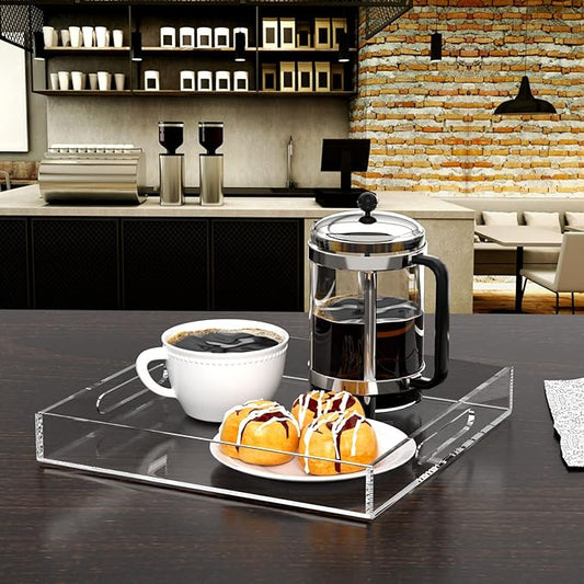 NIUBEE Clear Serving Tray 15x15 Inches - Spill-Proof Acrylic Organizer with Handles for Coffee Table, Ottoman & Countertop | Decorative Tray for Breakfast in Bed, Drink Serving & Home Organization