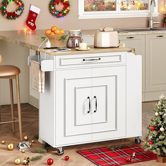 Kitchen Island with Power Outlets & Drop Leaf, Rolling Kitchen Cart on Wheels, Kitchen Storage Island with Spice Rack and Drawer, Mobile Island Table for Kitchen, Dinning, White and Natural
