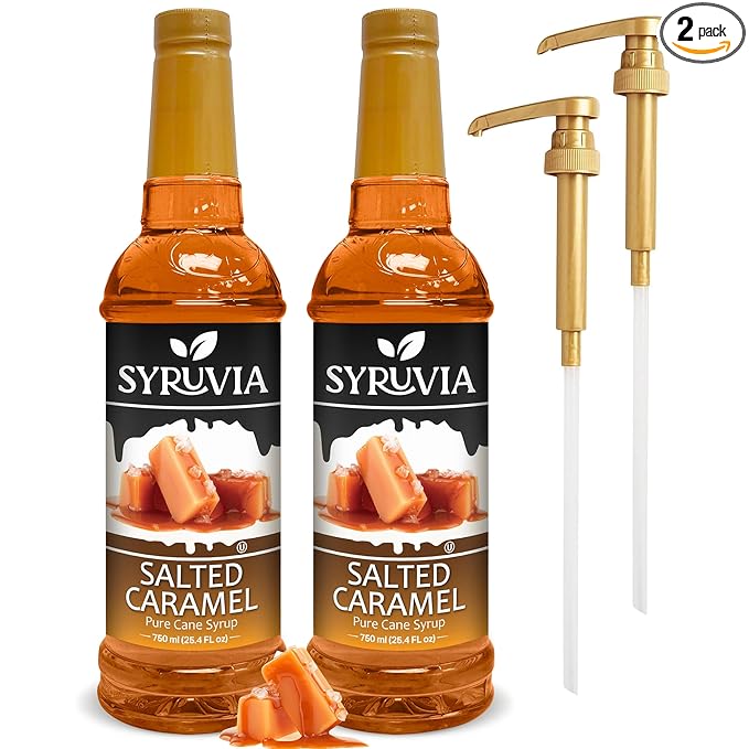 Syruvia Salted Caramel Syrup - 25.4 fl oz. Premium Coffee Flavoring Syrup. Kosher, and Gluten-Free. Perfect for Enhancing Drinks, Sodas, Shakes, Desserts, and More With Pump (Pack of 2)