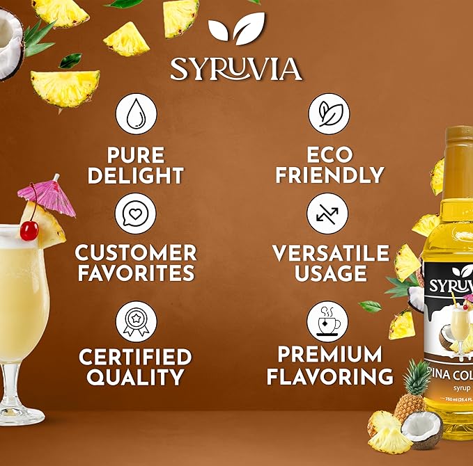 Syruvia Pina Colada Syrup, Flavored Syrup for Cocktails, Drinks, Lemonades, Iced Teas, and Desserts – 25.4 fl oz