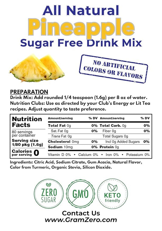 GramZero All Natural Pineapple Zero Calorie Sugar Free Drink Mix, Great For Nutrition Club Loaded Tea, Stevia Sweetened