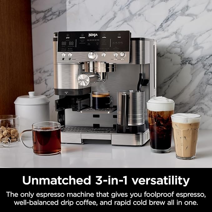 Ninja R-ES601 Luxe Café Premier Series Espresso Machine, Drip Coffee, Cold Brew, Grinder, Tamper, Frother, Silver (Renewed)