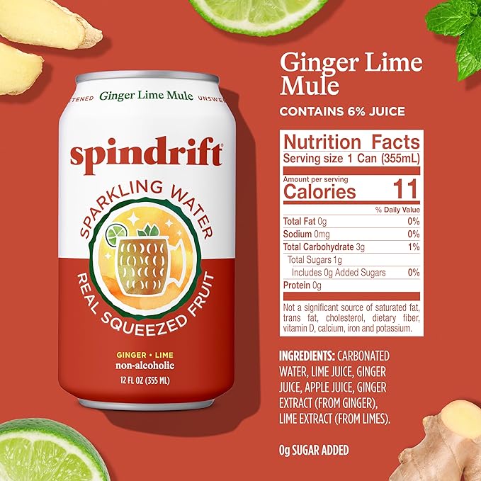 Spindrift Sparkling Water, Ginger Lime Mule Flavored, Made with Real Squeezed Fruit, 12 Fl Oz Cans, Pack of 24 (Only 11 Calories per Can)