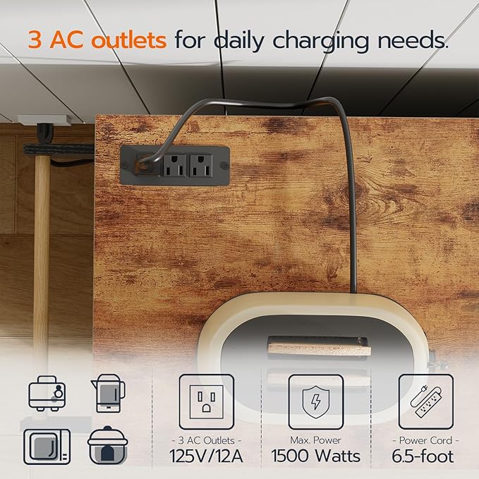 HOOBRO Kitchen Island with Power Outlet, Rolling Kitchen Island on Wheels, Island Table with 3 Large Drawers, Storage Cabinet, Spice Rack and Adjustable Shelf, Black and Rustic Brown BF15UZD01