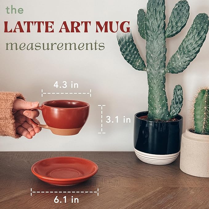 MORA Ceramic Latte Art Mug With Saucer - 10.5 oz, Round Bottom For Perfect Pours - Cafe Cups for Cappuccino, Espresso, Coffee, Tea etc - Porcelain Set for Baristas, Great Gift - Crimson Red