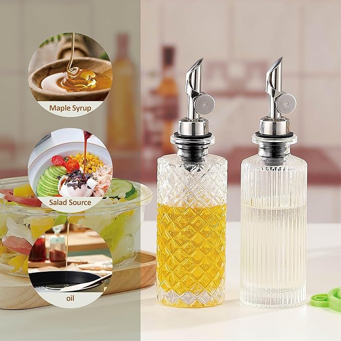 Glass Olive Oil Dispenser Bottle Small, 6.5 Oz/ 200 ml Coffee Simple Syrup Bottles with Silver Metal Pour Spout, Funnel, Measuring Cup, Oil and Vinegar Bottle for Kitchen (2 Pack)