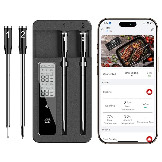 Smart Wireless Meat Thermometer with Dual Probes, Bluetooth & WiFi Combo, Remote Monitoring & Smart Alerts for BBQ, Grill, Smoker, Oven, Air Fryer