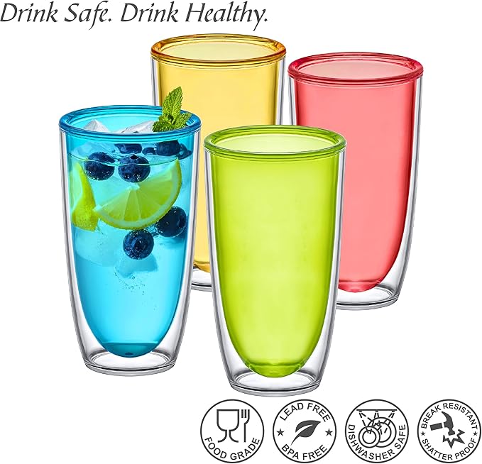 Amazing Abby - Andes - 22-Ounce Insulated Plastic Tumblers (Set of 4), Double-Wall Plastic Drinking Glasses, Mixed-Color Reusable Cups, BPA-Free, Shatter-Proof, Dishwasher-Safe