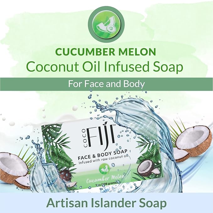 "Coco Fiji Soap Bar for Face and Body Infused With Organic Coconut Oil, Cucumber Melon, Essential Oil, Natural Soap for Moisturizing & Pore Purifying Skin, 7 oz, Pack Of 3 "