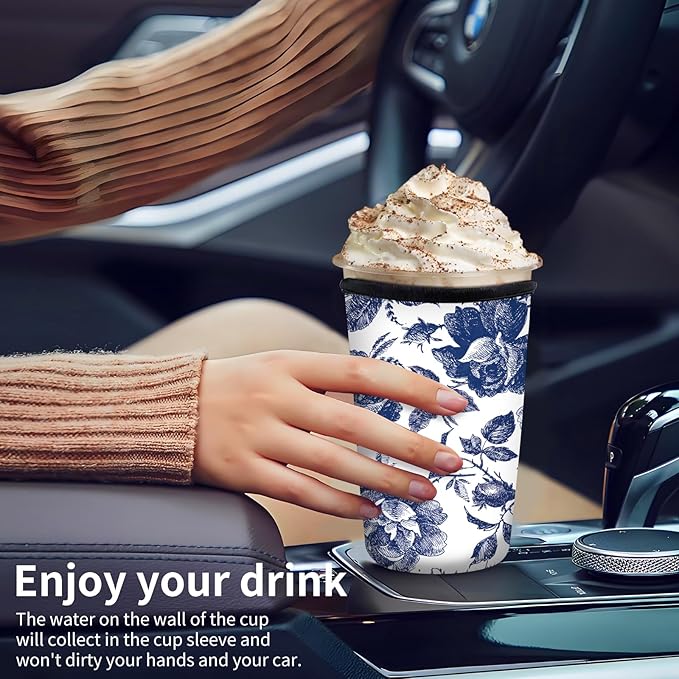 Reusable Neoprene Insulator Sleeve for Iced Coffee Cups, Medium 22-28oz Durable Drink Sleeve for Cold Beverages, Cute Beverage Holder Cup Sleeve for Women Men Cute Blue Floral