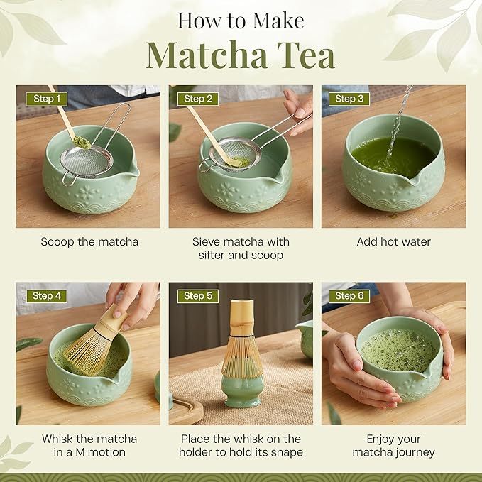 Matcha Whisk Set 9pcs – Matcha Tea Set with Ceramic Matcha Bowl, Bamboo Whisk (Chasen), Scoop, Sifter | Matcha Kit for Japanese Tea Ceremony & Beginners(Green)