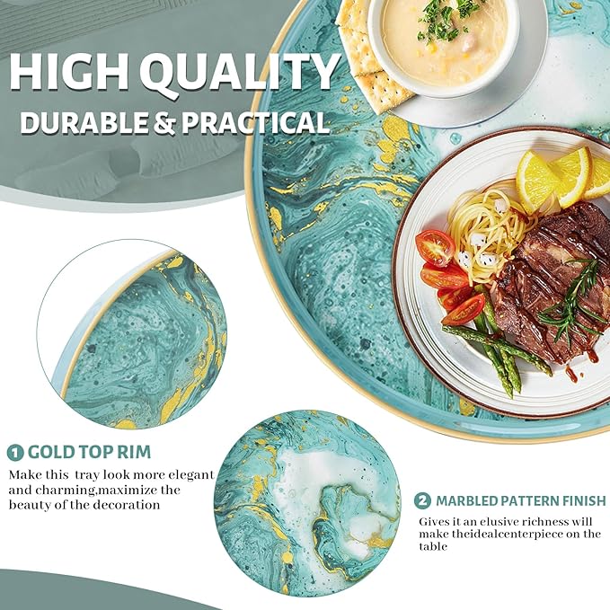 MAONAME Turquoise Decorative Tray for Coffee Table, 13" Modern Marbling Serving Tray with Handles, Plastic Round Trays for Ottoman, Bathroom, Storage