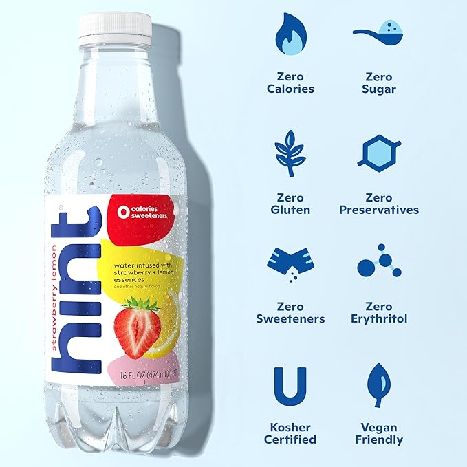 Hint Fruit-Infused Bottled Water, Strawberry Lemon - Sugar Free Flavored Water with Zero Calories, Natural Fruit Essences, and No Artificial Sweeteners - 16 Fl Oz (Pack of 12)