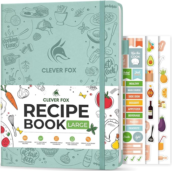 Clever Fox Recipe Book – Make Your Own Family Cookbook – Blank Recipe Notebook Organizer – Empty Cooking Journal to Write In Recipes – Large Size, 8.5”x11.2”, Hardcover, Mint Cream