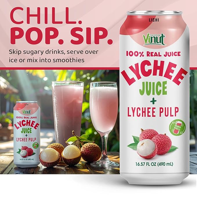 VINUT 100% Natural Lychee Juice Drink with Pulp, Real Lychee Juice, Gluten Free, GMO-Free, 16.57 fl oz, Pack of 24
