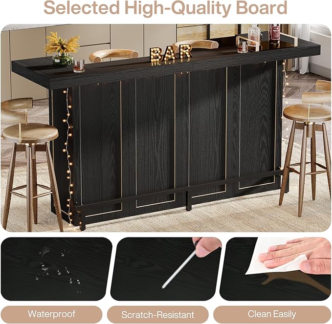 Tribesigns 4-Tier Bar Table, 70.9-Inch Large Wooden Home Bar Unit with Wine Glass Holder and Black Footrest, Pub Table with Storage Shelves for Dining Room, Living Room, Black