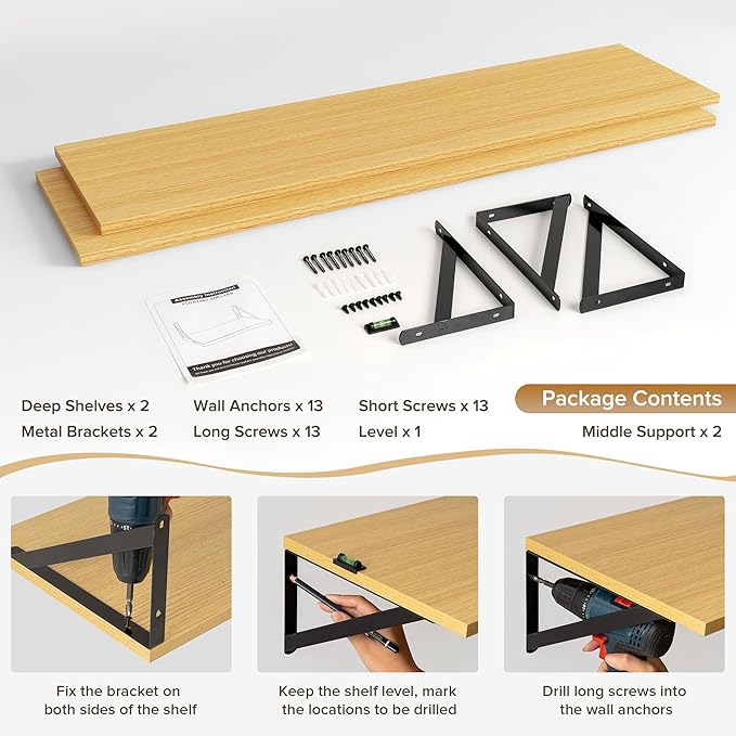 Deep Floating Shelves Wall Mounted, 48"x12" Oak Wall Shelves with Brackets Set of 2 for Bedroom, Living Room, Bathroom, Kitchen, Office - Storage & Display Shelf for Decor, Books, Plants
