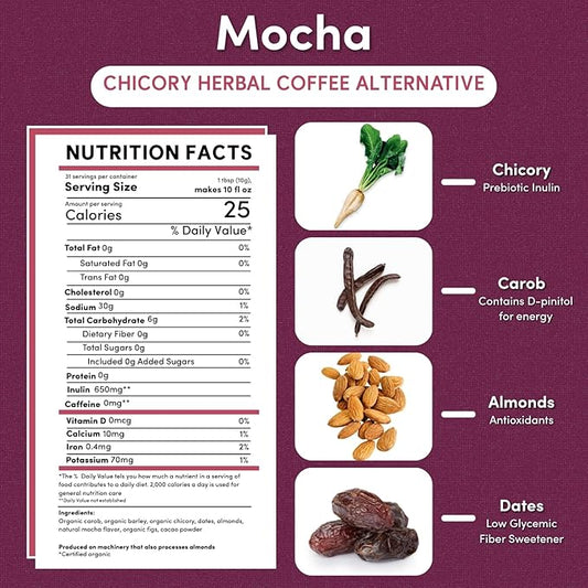 Teeccino Mocha Chicory Coffee Alternative - 11 Ounce - Ground Herbal Coffee That’s Prebiotic, Caffeine-Free & Acid Free, Medium Roast, (Pack of 3)
