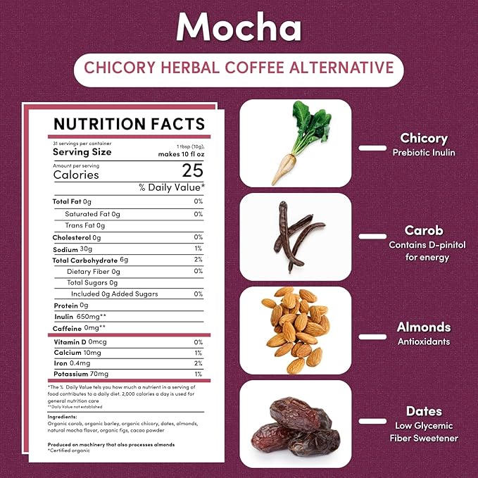 Teeccino Mocha Chicory Coffee Alternative - 11 Ounce - Ground Herbal Coffee That’s Prebiotic, Caffeine-Free & Acid Free, Medium Roast, (Pack of 6)