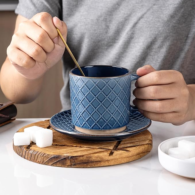 GBhome 8OZ Stackable Coffee Mugs, Ceramic Coffee Mugs with Texture Patterns for Man,Woman,Dad,Mom, Modern Coffee Cups Set of 4 for Espresso/Cappuccino/Cocoa. Dishwasher&Microwave Safe, Moonlight Blue